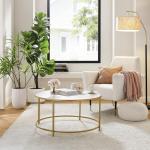 Ronde salontafel, woonkamertafel met stalen frame, salontafel, bijzettafel, wit-goud LCT091A10