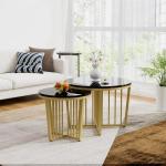 Moderne ronde salontafel set van 2 met PVC marmerpatroon desktop en gouden metalen frame, hoogglans bijzettafelset woonkamertafel koffietafel koffietafel banktafel (zwart)