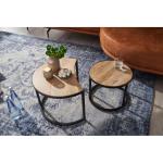 salontafel set van 2 Mango massief houten/metalen salontafel rond | Industriële bijzettafel met metalen poten zwart | 2-delige placemat bijzettafel van hout