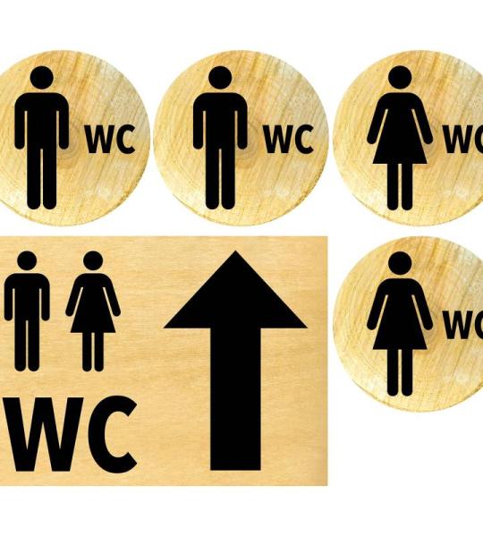 Toiletbordset voor dames en heren, weerbestendig, toiletbord, deurbordje, foliebord, D = 148 mm, rustiek hout, 2 wc-brillen voor dames en heren + pijl recht hout
