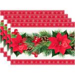 Kerst placemats, 4 stuks rode bloemen linnen kersttafel placemat kerstboom klokken print eettafel kerstdecoratie voor kersttafeldecoratie feestdecoratie (45 x 30 cm)