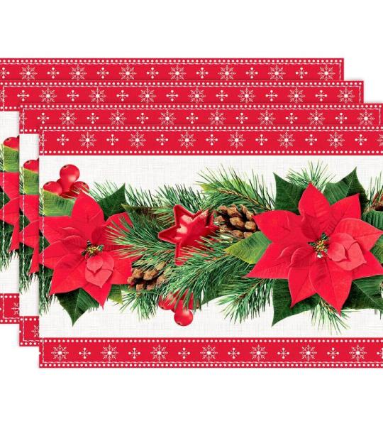 Kerst placemats, 4 stuks rode bloemen linnen kersttafel placemat kerstboom klokken print eettafel kerstdecoratie voor kersttafeldecoratie feestdecoratie (45 x 30 cm)
