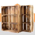 Set van 2 kisten met legplanken, plat met 3 vakken, geflambeerd gekleurd, nieuwe houten kist als wandrek, keukenrek, badkamerrek, kruidenrek, krattenrek, fruitkistrek, rustieke fru