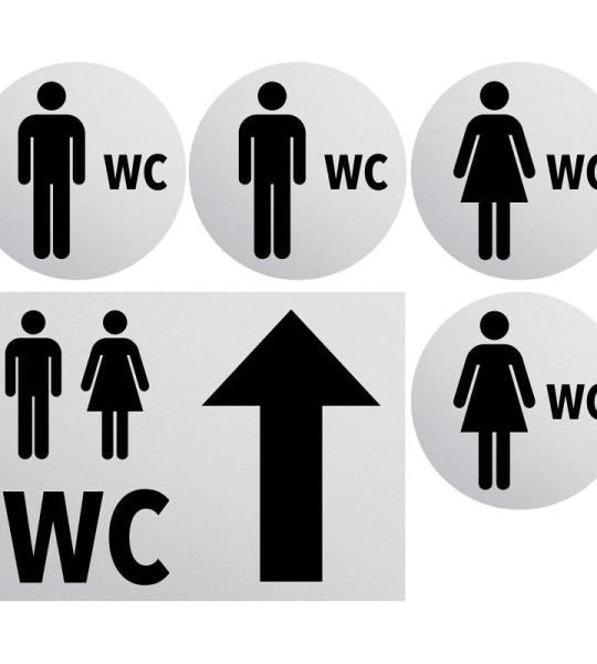 Toiletbordje voor dames en heren, weerbestendig, toiletbord, deurbordje, foliebord, D = 148 mm, waarschuwingsborden, neutraal grijs (2 wc-brillen voor heren en dames + pijl recht g