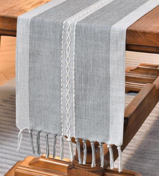 Borduurwerk, katoen, linnen, tafelloper, boerderijstijl, indoor, outdoor, grijs, tafelloper, 230 cm, met handkwasten voor feest, eetkamer, keuken, decoraties (grijs, 230 cm)