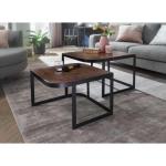 salontafel set van 2 Mango massief houten/metalen salontafel bruin | Industriële bijzettafel bijzettafel metalen poten zwart | 2-delige placemat bijzettafel van hout