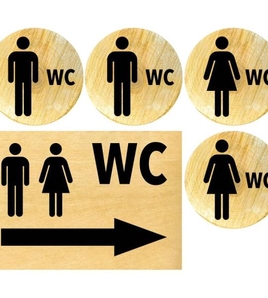 Toiletbordje voor dames en heren, weerbestendig, toiletbord, deurbordje, foliebord, D = 148 mm, rustiek hout, 2 wc-brillen + pijl rechts hout