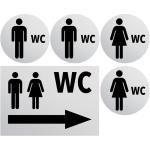 WC-toilettenset voor dames en heren, bordje, weerbestendig, toiletbord, deurbordje, foliebord, D = 148 mm, waarschuwingsborden, neutraal grijs (2 wc-heren + dames + pijl rechts gri