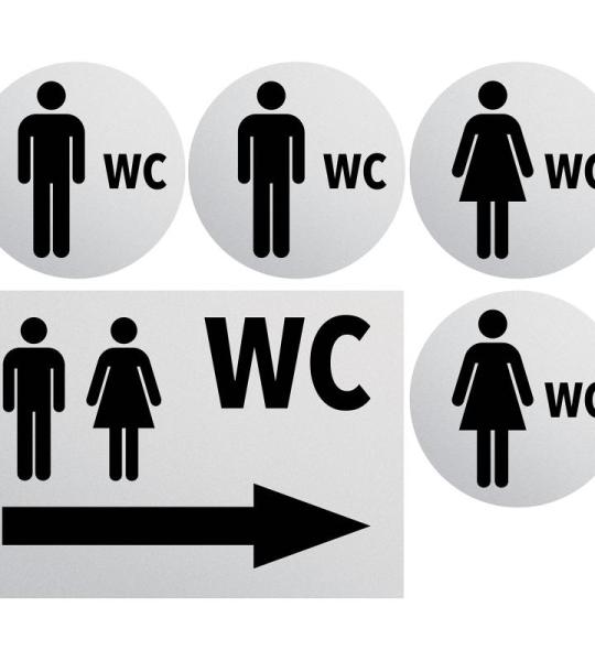 WC-toilettenset voor dames en heren, bordje, weerbestendig, toiletbord, deurbordje, foliebord, D = 148 mm, waarschuwingsborden, neutraal grijs (2 wc-heren + dames + pijl rechts gri