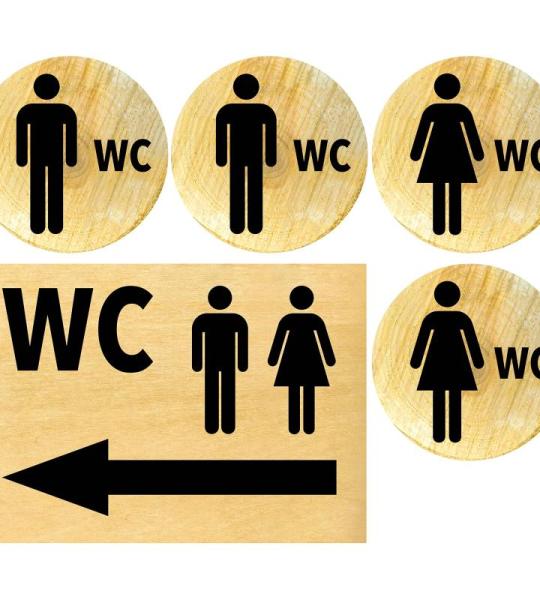 Toiletbordje voor dames en heren, weerbestendig, toiletbord, deurbordje, foliebord, D = 148 mm, rustiek hout, 2 wc-brillen voor dames en heren + pijl links hout