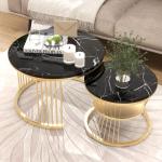 Moderne ronde salontafel, set van 2, ronde bijzettafelset, woonkamertafel met marmerfineer en goud, metalen frame, bijzettafel, salontafel, koffietafel voor woonkamer en slaapkamer