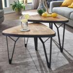 Set van 2 mango/acacia massief houten driehoekig | Bruine salontafel met metalen poten | Placemat 2-delige nesttafel hout/metaal zwart