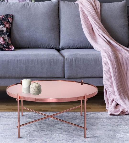 Salontafel Ø 75 x 35 cm in koper van metaal en glas, unicum, design woonkamertafel met glasplaat en metalen frame, ronde bijzettafel, moderne glazen tafel, elegante salontafel, lo