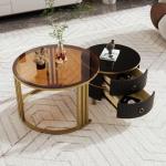 Ronde salontafel, set van 2 met gouden metalen frame en bruine glazen plaat, moderne bijzettafel, woonkamertafel, banktafel met 2 laden, 70 x 70 x 45 cm + 50 x 50 x 40 cm (zwart)