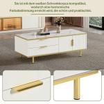 Salontafel met lade en ledlicht, moderne salontafel, woonkamertafel, tafelblad met marmerpatroon, gouden metalen decoratie, effen wit
