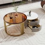 Ronde salontafel, set van 2 met goudkleurig metalen frame en bruine glazen plaat, moderne bijzettafel, woonkamertafel, banktafel met 2 laden, 70 x 70 x 45 cm + 50 x 50 x 40 cm (gri