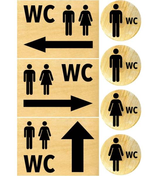 Stickers, WC-set voor dames en heren, weerbestendig, toiletbordje, deurbordje, folieplaatje, diameter 148 mm, rustiek houten notitiebordje (2 toiletten, heren en dames + 3 pijlen h