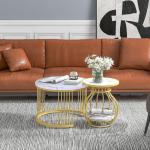 Ronde salontafel, set van 2, rond, modern, woonkamertafel met metalen frame, bijzettafel, salontafel, koffietafel voor woonkamer, wit-goud marmerlook