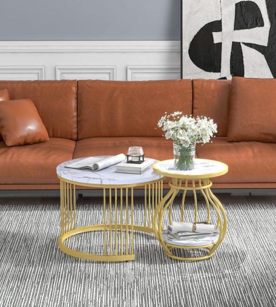 Ronde salontafel, set van 2, rond, modern, woonkamertafel met metalen frame, bijzettafel, salontafel, koffietafel voor woonkamer, wit-goud marmerlook