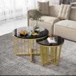 Moderne ronde salontafel set van 2 met PVC marmerpatroon desktop en gouden metalen frame, hoogglans bijzettafelset woonkamertafel koffietafel koffietafel banktafel (zwart)