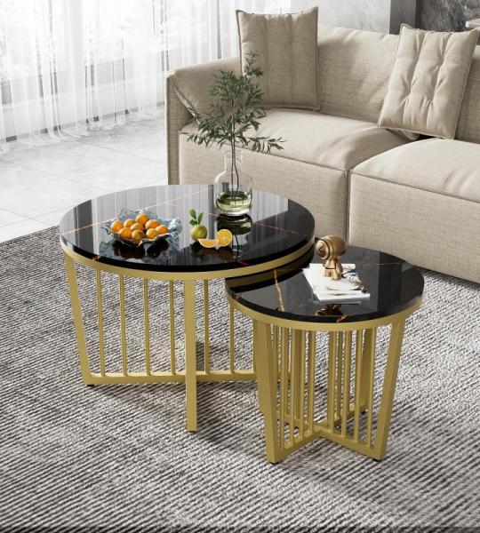 Moderne ronde salontafel set van 2 met PVC marmerpatroon desktop en gouden metalen frame, hoogglans bijzettafelset woonkamertafel koffietafel koffietafel banktafel (zwart)