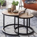 salontafel set van 2 Mango massief houten/metalen salontafel rond | Industriële bijzettafel met metalen poten zwart | 2-delige placemat bijzettafel van hout