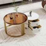 Ronde salontafel, set van 2 met gouden metalen frame en bruine glazen plaat, moderne bijzettafel, woonkamertafel, banktafel met 2 laden, 70 x 70 x 45 cm + 50 x 50 x 40 cm (wit)