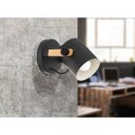 Wandlamp Hornwood, 1-vlammige vintage wandlamp in industrieel design, retro lamp van staal en hout, kleur: zwart, crème, bruin, fitting: E27.