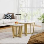 Moderne ronde salontafel set van 2 met PVC marmerpatroon desktop en gouden metalen frame, hoogglans bijzettafelset woonkamertafel koffietafel salontafel salontafel salontafel (wit)