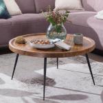 FineBuy Salontafel 75 x 39 x 75 cm, Sheesham massief hout/metaal, design woonkamertafel, rond, retro bruin, designer houten tafel, koffietafel, massief