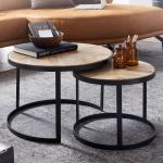 salontafel set van 2 massief houten/metalen salontafel industrieel rond | Bijzettafel met metalen poten zwart | 2-delige placemat bijzettafel van hout