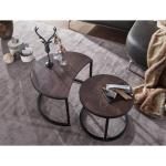 salontafel set van 2 Mango massief houten/metalen salontafel rond | Industriële bijzettafel met metalen poten zwart | 2-delige placemat bijzettafel van hout