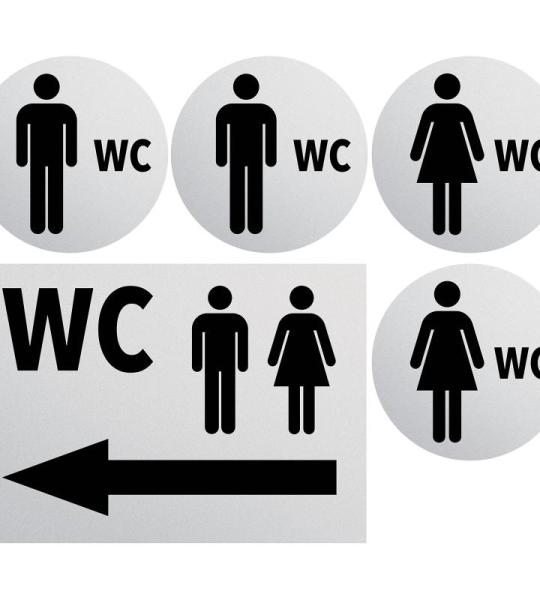 Toiletbordje voor dames en heren, weerbestendig, toiletbord, deurbordje, foliebord, D = 148 mm, waarschuwingsborden, neutraal grijs (2 toiletborden voor heren + dames + pijl links 