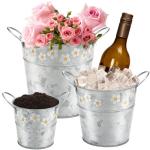 3 stuks zilverkleurige kleine emmer, 3 maten, verzinkt ijzer, mini-emmer met bloemenpatroon en handvat, binnen/buiten, voor huis en tuin, voor as, reinigingsmiddelen en bloemen