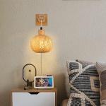 Vintage Dimbare Wandlamp met Stekker, Vintage Nachtlamp Rotan Bamboe Lampenkap, Wand Leeslamp, Rustieke Touw Wandlamp, 450cm Kabel E27 voor Slaapkamer Woonkamer Hal Cafés