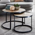 Set van 2 van massief mangohout rond | Salontafel met metalen poten bruin | Placemat 2-delige nesttafel hout/metaal zwart