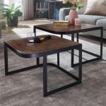 salontafel set van 2 Mango massief houten/metalen salontafel bruin | Industriële bijzettafel bijzettafel metalen poten zwart | 2-delige placemat bijzettafel van hout