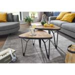 Set van 2 mango/acacia massief houten driehoekig | Bruine salontafel met metalen poten | Placemat 2-delige nesttafel hout/metaal zwart