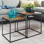 FineBuy Woonkamertafel, set van 2, mango, massief hout/metaal, bijzettafel, rechthoekig, design bijzettafel, industrieel, salontafel, vierkant, tafelset, 2-delige set